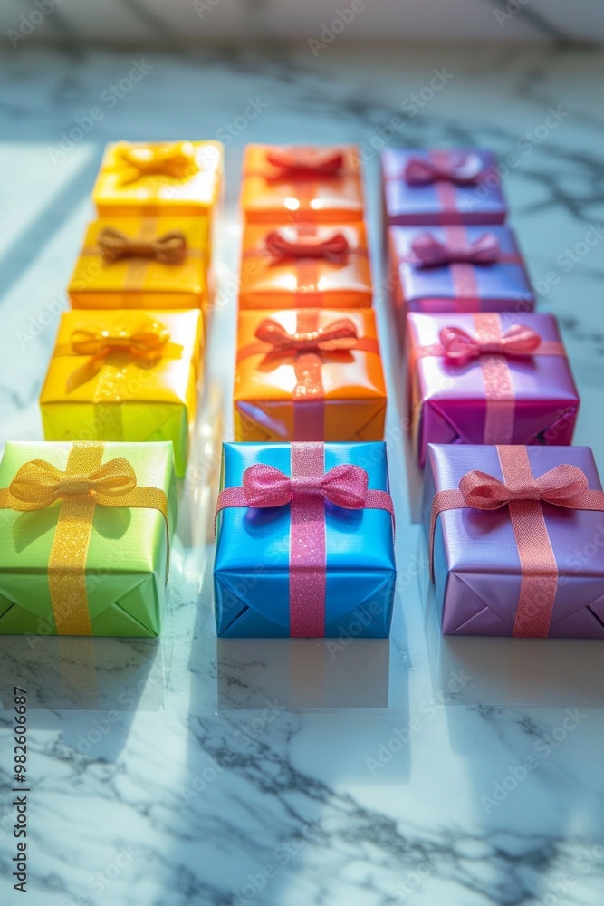 Fototapeta premium A row of rainbow-hued gift boxes with bows, perfectly aligned on a marble surface.