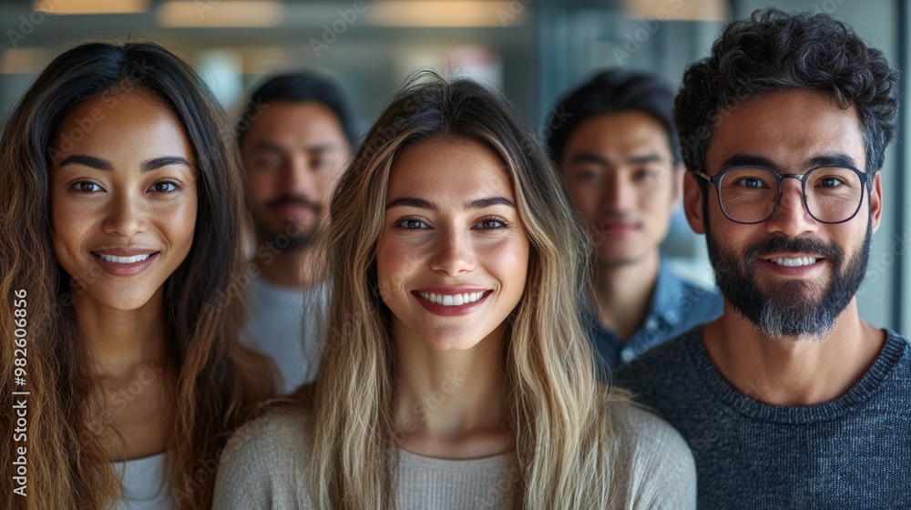 Obraz premium Collaborative Diversity Showcased in Office Setting: Five Individuals United by Smiles, Embracing Cultural Differences. Highlighting Cultural Diversity and Team collaboration concept. 