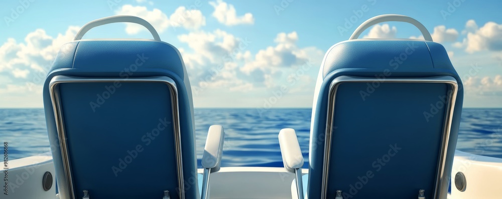 Relaxing view from the back of two chairs on a boat overlooking calm blue waters and a serene sky. Relaxing view from the back of two chairs on a boat overlooking calm blue waters and a serene sky.