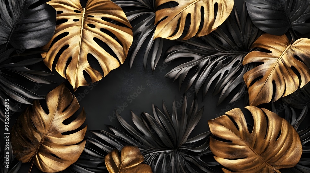 Elegant Tropical Monstera Leaves Seamless Pattern in Black and Gold Elegant Tropical Monstera Leaves Seamless Pattern in Black and Gold