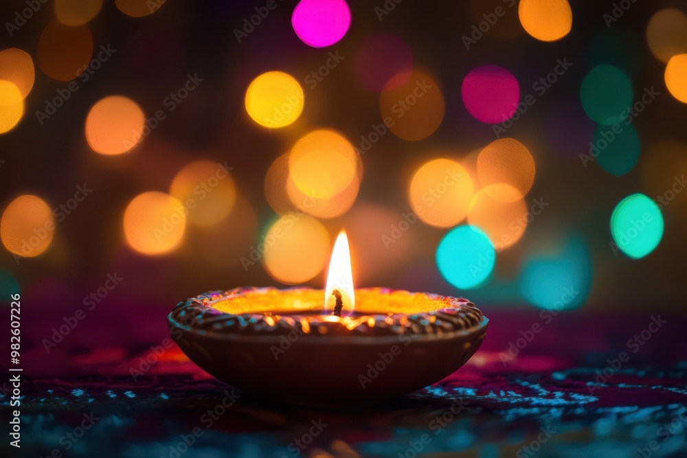 Single Diya with Bokeh Lights for Diwali Single Diya with Bokeh Lights for Diwali