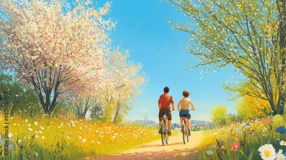 Obraz premium Couple Cycling Through a Springtime Landscape