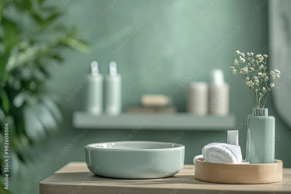 A tabletop with bath accessories and a blurred background of a modern green bathroom with generative ai A tabletop with bath accessories and a blurred background of a modern green bathroom with generative ai