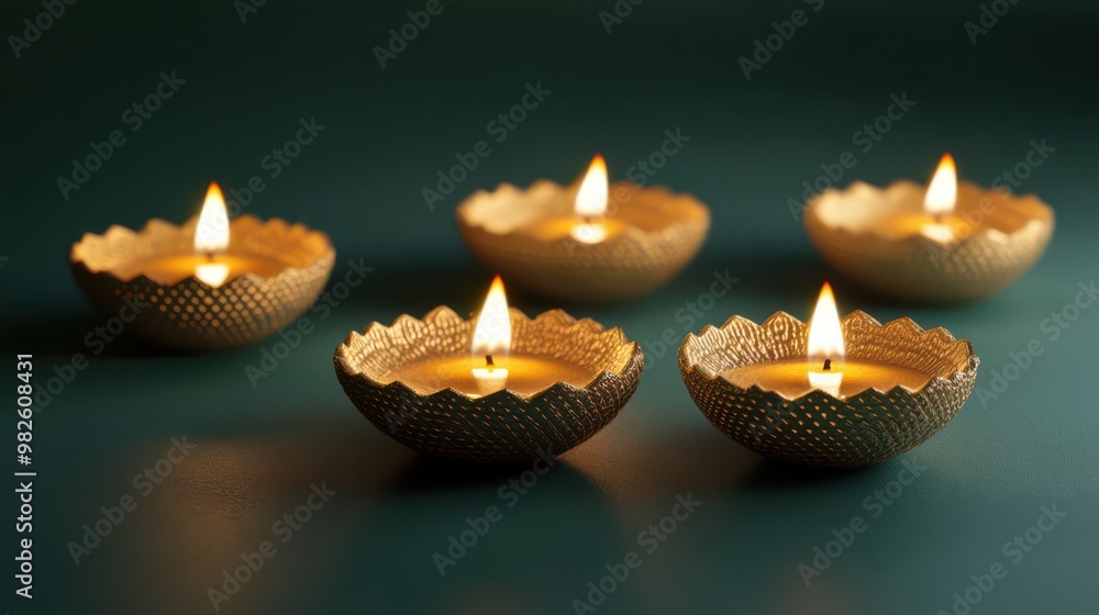 Elegant Golden Diwali Diyas on Green Surface Elegant Golden Diwali Diyas on Green Surface