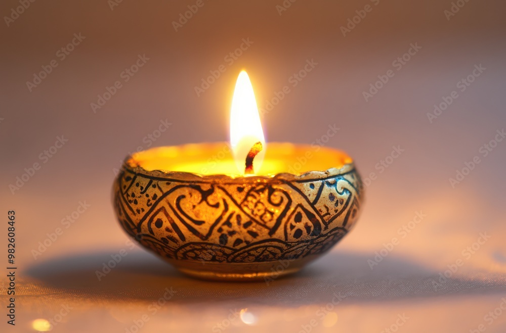 Decorated Diwali Diya with Bright Flame on Beige Background Decorated Diwali Diya with Bright Flame on Beige Background