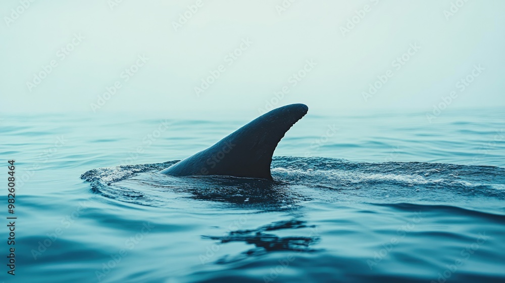 Fototapeta premium A close-up of a fin cutting through the water with a blurred ocean background. The empty space around the fin allows for text placement.