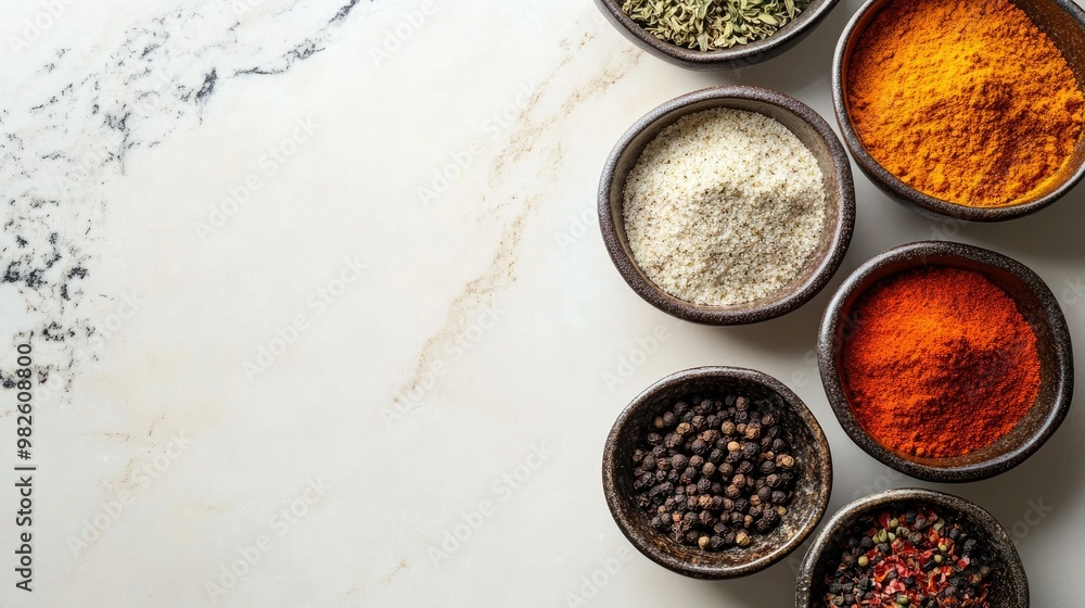 A close-up of colorful spice blends in bowls with a clean, neutral background. The unobstructed space around the bowls is ideal for text placement. A close-up of colorful spice blends in bowls with a clean, neutral background. The unobstructed space around the bowls is ideal for text placement.