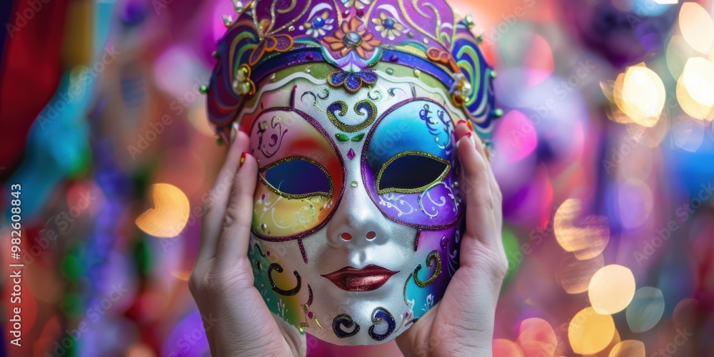 A close-up of hands holding a colorful festival mask