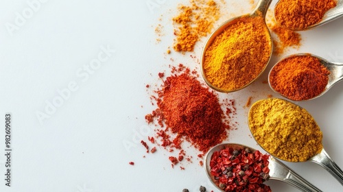Fototapeta Naklejka Na Ścianę i Meble -  A close-up of spice spoons with colorful powders like chili, paprika, and curry on a white surface. The ample clear space around the spices is great for text.