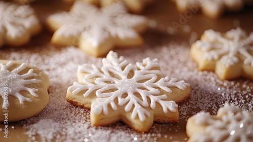 Delicious snowflake-shaped cookies decorated with white icing and sprinkled with sugar, perfect for holiday festivities.