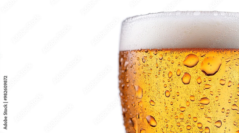 A frosty glass of cold beer with condensation on the surface, white background A frosty glass of cold beer with condensation on the surface, white background