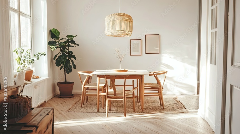 A cozy Nordic dining room with wooden furniture, white walls, and natural light streaming in. The simple, uncluttered layout offers ample space for copy. A cozy Nordic dining room with wooden furniture, white walls, and natural light streaming in. The simple, uncluttered layout offers ample space for copy.