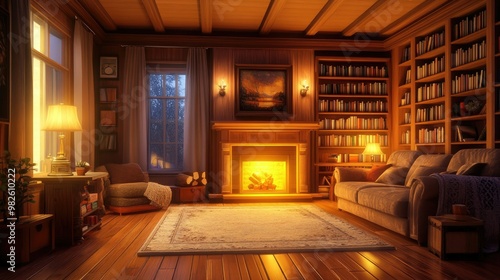 A cozy living room with a fireplace, comfortable couches, and warm lighting. Bookshelves line the walls, and a plush rug adds softness to the hardwood floor, creating an inviting space.