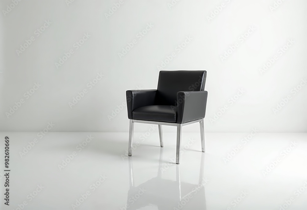 Modern black leather chair with a sleek design in a minimalist setting. Modern black leather chair with a sleek design in a minimalist setting.