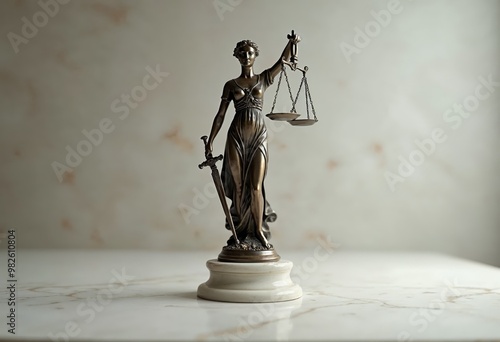 Bronze Lady Justice statue on a marble base, holding scales and a sword.