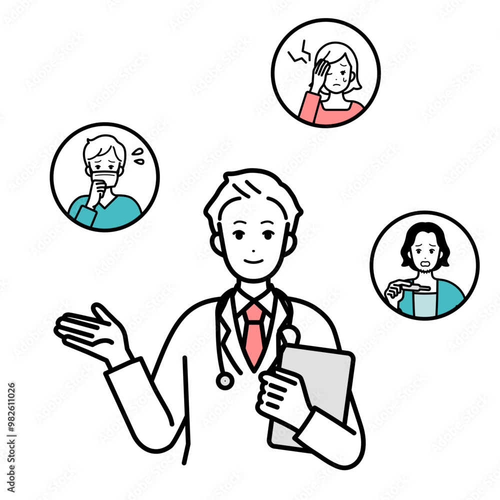 Illustration of doctor, explaining various symptoms. Illustration of doctor, explaining various symptoms.