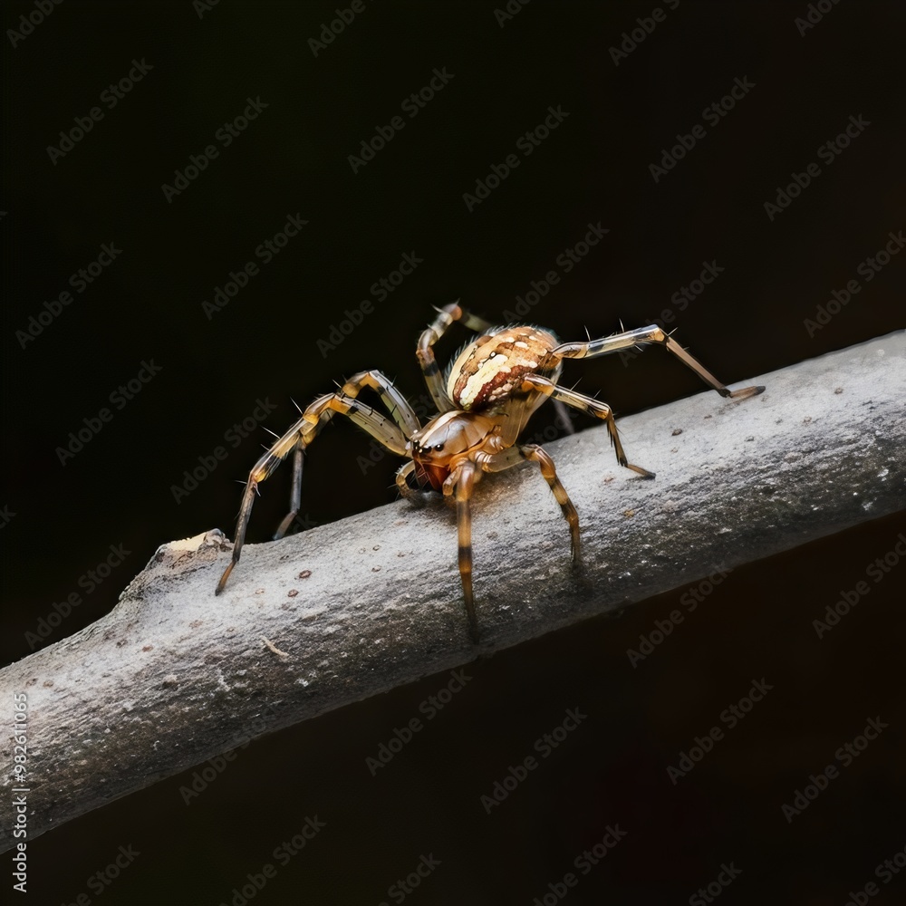 Fototapeta premium Black background with a spider on a tree branch. 3D illustration.