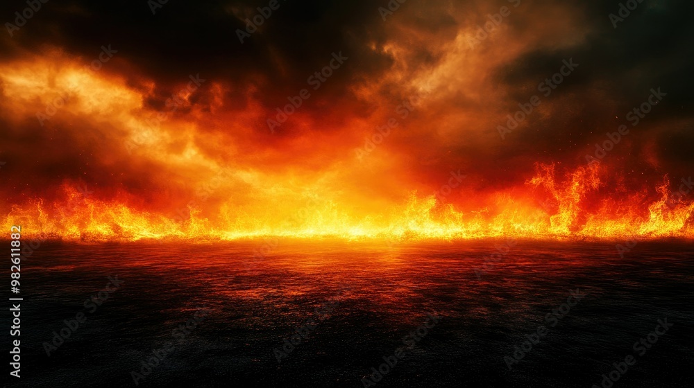 A dramatic image of a firestorm with intense flames and a dark horizon. The expansive empty space around the fire creates a striking visual impact. A dramatic image of a firestorm with intense flames and a dark horizon. The expansive empty space around the fire creates a striking visual impact.