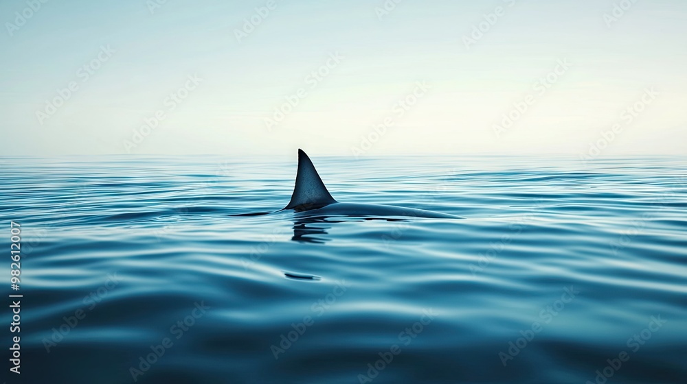 Fototapeta premium A dramatic shot of a shark's fin slicing through the water with a vast, empty background. The clear space allows for prominent text placement. -