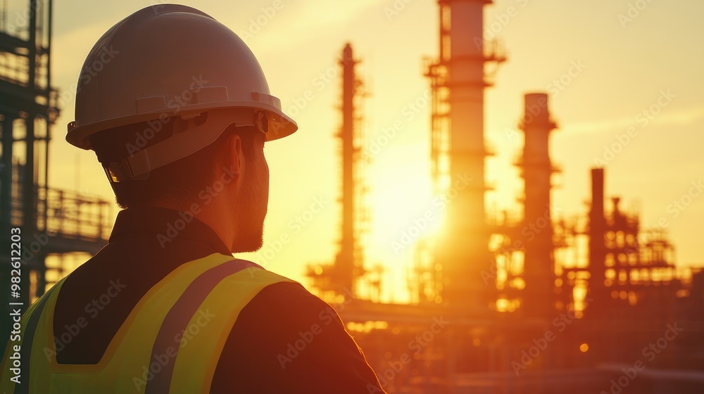 Coordinator monitoring logistics at a power generation plant (close up, focus on, copy space) Bright day with industrial structures and pipes. Double exposure silhouette with plant infrastructure Coordinator monitoring logistics at a power generation plant (close up, focus on, copy space) Bright day with industrial structures and pipes. Double exposure silhouette with plant infrastructure