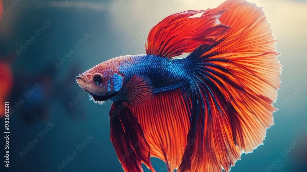 A dynamic shot of a fighting fish displaying its vibrant colors. The open space in the aquarium and around the fish offers room for text. A dynamic shot of a fighting fish displaying its vibrant colors. The open space in the aquarium and around the fish offers room for text.