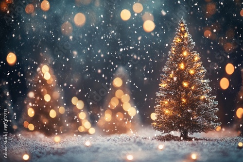 Abstract Background With Trees, Lights And Falling Snow /Christmas And New Year Concept with generative ai