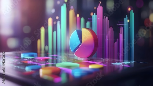 Colorful 3D digital data visualization charts and graphs in corporate finance and business analytics