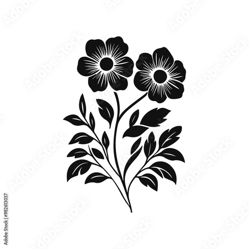 Rubber Stamp Cute flower woodcut drawing vector linocut style illustration element for stamp design isolated. Handmade blockprint snail vector motif clipart in folkart scandi style.