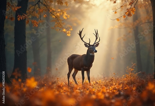 Wallpaper Mural Majestic stag in a misty autumn forest under golden sunlight. Torontodigital.ca