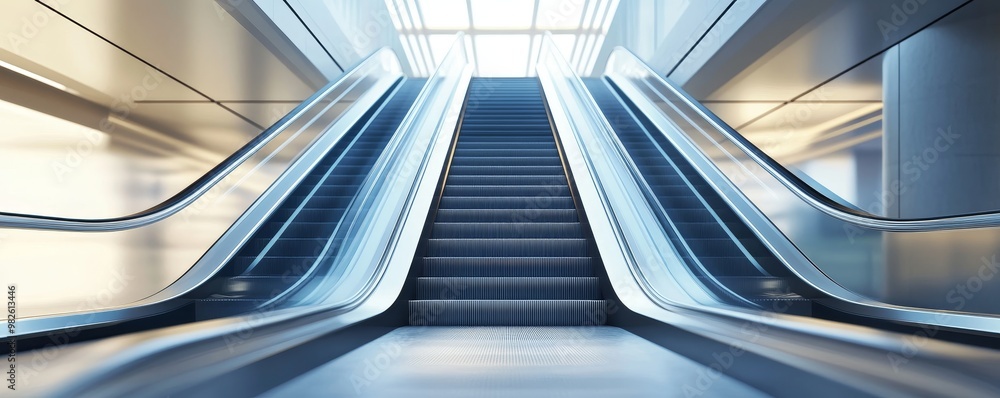 Fototapeta premium A modern escalator leads upwards in a well-lit space, showcasing sleek design and architectural elegance in a contemporary setting.