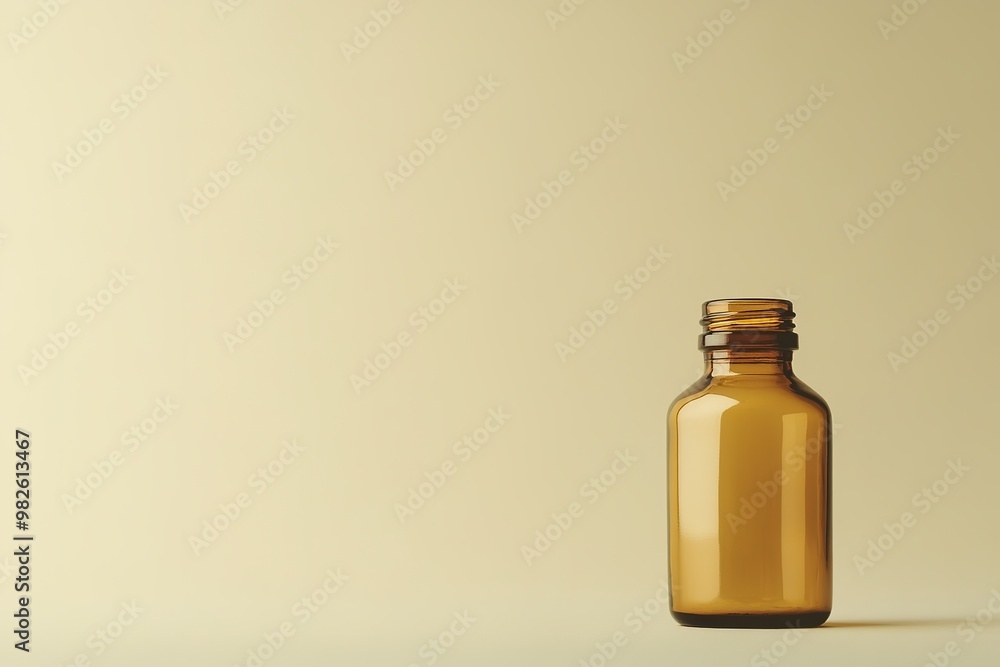 Brown glass bottle on beige background Brown glass bottle on beige background