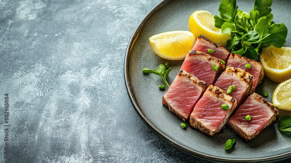 A grilled bluefin tuna served with lemon wedges on a plate, with a simple, clean backdrop. The unobstructed space around the plate provides room for text. A grilled bluefin tuna served with lemon wedges on a plate, with a simple, clean backdrop. The unobstructed space around the plate provides room for text.