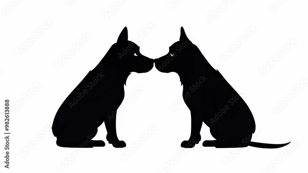 Silhouettes of two dogs sitting and facing each other, creating a symmetrical and mirrored effect against a plain white background Silhouettes of two dogs sitting and facing each other, creating a symmetrical and mirrored effect against a plain white background