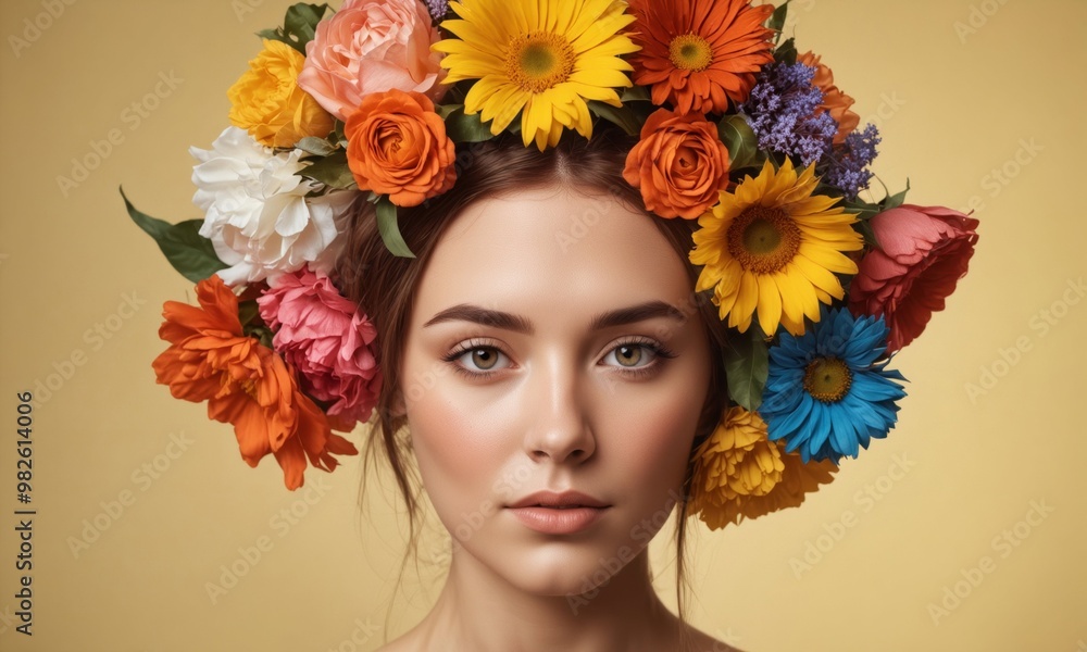A woman is beautifully adorned with a lovely wreath of flowers in her hair A woman is beautifully adorned with a lovely wreath of flowers in her hair