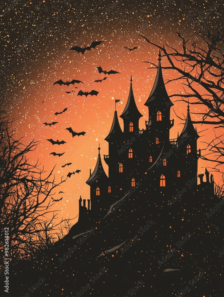A spooky silhouette of a castle against an orange sunset, surrounded by bats and barren trees, creating an eerie and atmospheric Halloween scene. A spooky silhouette of a castle against an orange sunset, surrounded by bats and barren trees, creating an eerie and atmospheric Halloween scene.