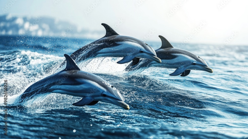 Obraz premium A group of dolphins creating a splash as they swim together with a clear, open sea backdrop. The empty space around them is perfect for text.