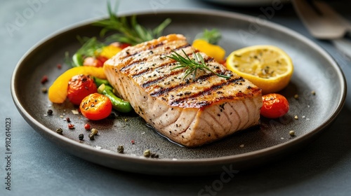 A grilled tuna steak served with vegetables on a plate, with a clean, minimalistic background. The ample space around the plate is perfect for text.