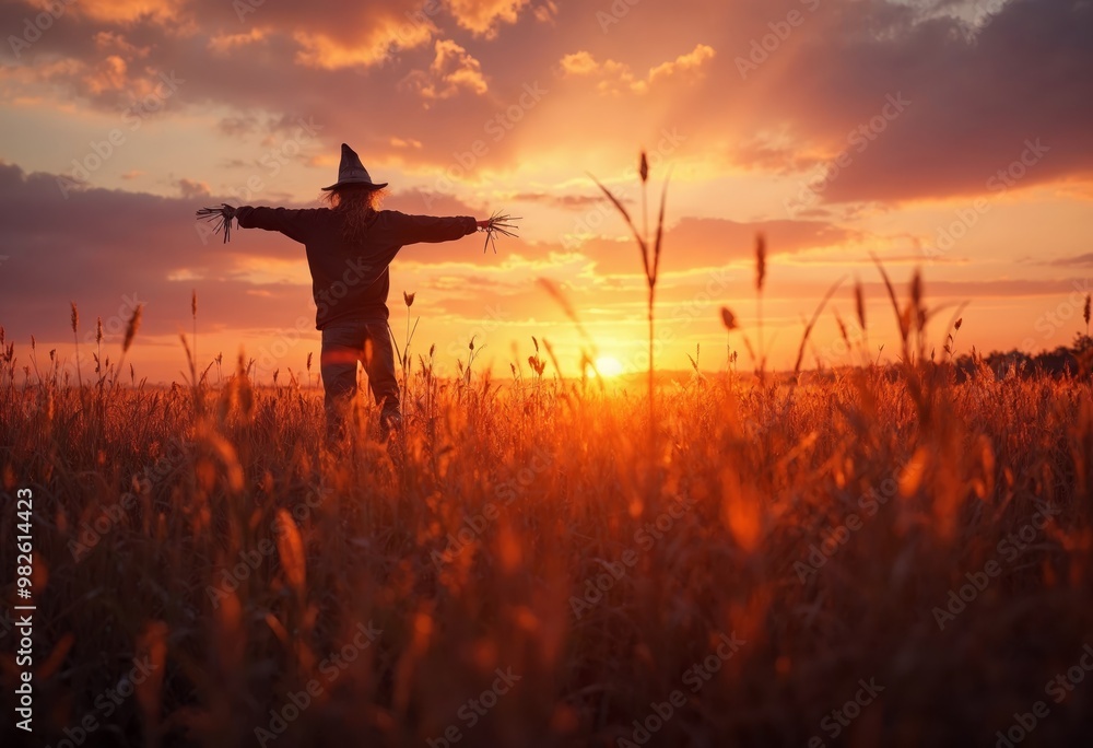 Fototapeta premium A scarecrow standing in a golden field at sunset, silhouetted against the sky.