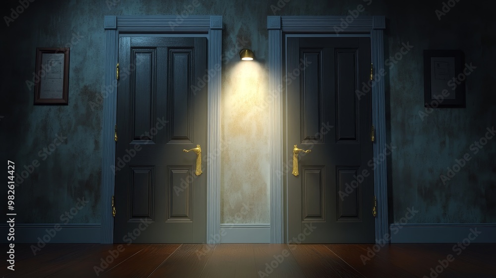 Obraz premium A mysterious hallway with two contrasting doors illuminated by a soft light, creating an intriguing atmosphere of choice.