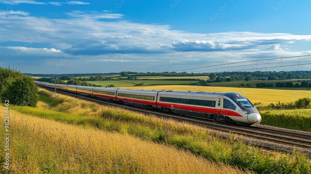 Fototapeta premium A high-speed train passing through a scenic countryside with wide, open space around the tracks. The unobstructed background allows for easy addition of text.