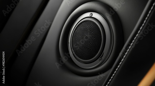 A high-definition car speaker mounted in a black leather door panel. The minimal design and clean layout allow for text to be added around the speaker.