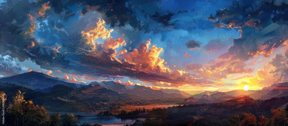 Naklejka premium Sunset And Clouds Over Mountains