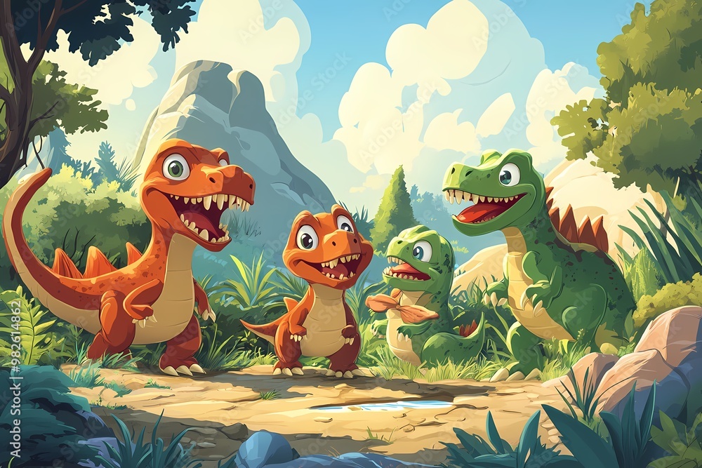 Naklejka premium Cute Dinosaurs in a Lush Forest