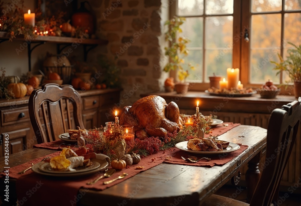 Fototapeta premium Cozy Thanksgiving dinner table setup with roasted turkey centerpiece.