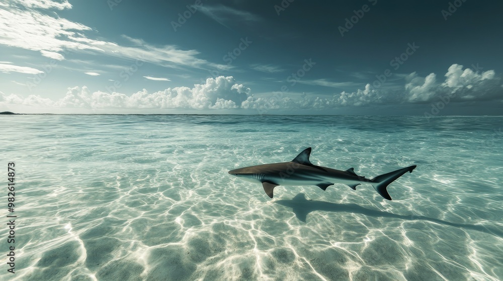 A lone shark navigating through a shallow, clear lagoon with a vast open area around it. The unobstructed space provides room for text.