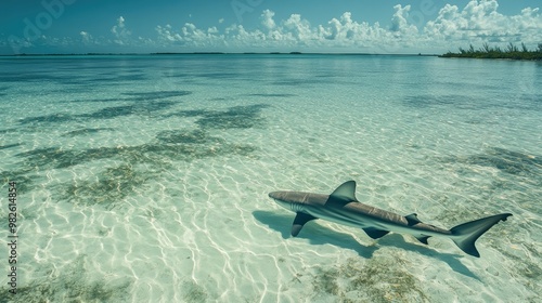 A lone shark navigating through a shallow, clear lagoon with a vast open area around it. The unobstructed space provides room for text. photo