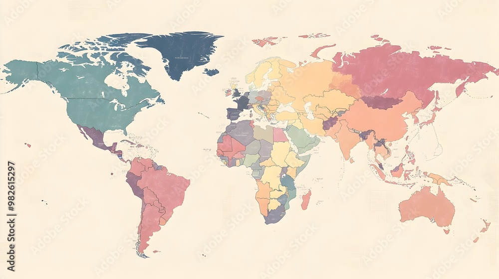 Fototapeta premium Vintage Stylized World Map with Diverse Continents and Countries