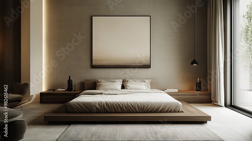 A minimalist bedroom with neutral tones, featuring a low-profile platform bed, modern art on the walls, and uncluttered surfaces. Simple yet elegant design. photo