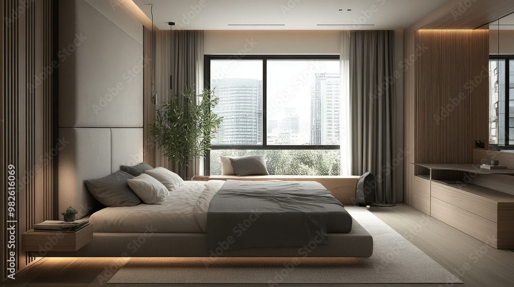 Fototapeta premium A modern bedroom with a king-sized bed, soft gray bedding, and a minimalist headboard. Large windows provide natural light, with a cozy reading nook by the corner.