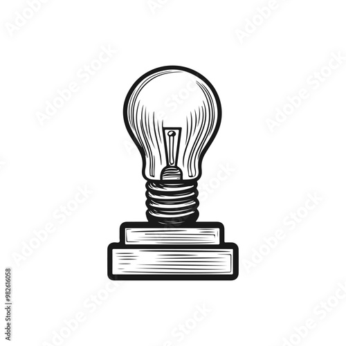 Rubber Stamp Vector cartoon bulb and book in a minimal linocut style. Black and white graphic linocut style illustration element for stamp design isolated Handmade blockprint bear vector motif clipart